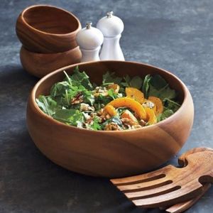Bol en bois sculpté à la main, ensemble de 3 bols à salade en bois de manguier avec ustensiles de service, bol naturel - Product Image 1