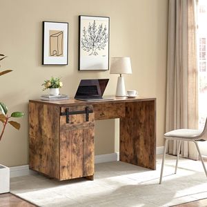 Scrivania per Ufficio Domestico 92705 con Finitura in Legno Anticato, Un Armadietto, Tre Ripiani, Porta Scorrevole Effetto Fienile, Cerniere in Metallo Euro, Scrivania per Computer - Product Image 1