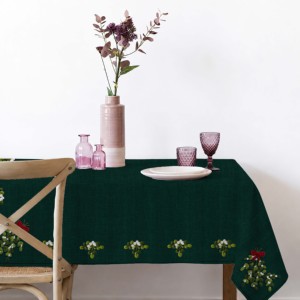 Elegant Pattern Christmas Embroidery Design Green Color <b>Table</b> Cloth Soft Quality Cotton <b>Table</b> <b>Cover</b> With Customize Size and Logo - Product Image 1