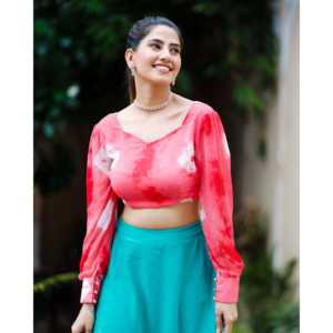 Top Corto Casual Estampado de Chifón Color Durazno con Cuello en V y Manga Larga, con Falda de Tela Transpirable de Secado Rápido, Primavera/Verano, Talla XS - Product Image 6