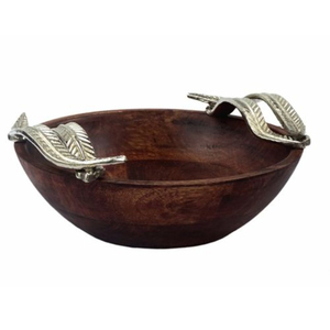 Walnut Wooden Serving Bowls Round Shape Home Hotels Tabletop Kitchenware <b>Dinnerware</b> Food Serving Bowls With Metal Handle - Product Image 1