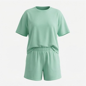 Conjunto de 2 Piezas para Mujer, Color Verde Sólido, Tejido de Punto, Cuello Redondo, Manga Corta, Corte Holgado, Casual, Por Encima de la Rodilla, Transpirable, para Uso Diario - Product Image 1