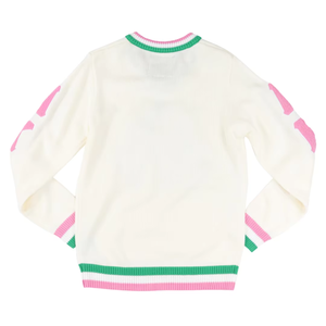 For Acrylic V-Neck Winter Women's Sweater Pink Green Trim Greek Sorority Front Logo Premium Soft Warm Stylish Fit Casual - Product Image 2