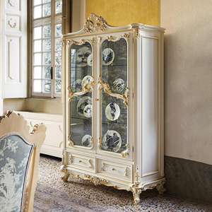 Ensemble de meubles de salle à manger de style européen vintage haut de gamme, table à manger classique en acajou blanc antique et vitrine en verre - Product Image 4