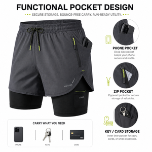 Men's Double <b>Layer</b> Running Shorts with Built-In Compression Liner | Custom Logo Quick-Dry Sports Shorts for Summer Gym Wear - Product Image 3