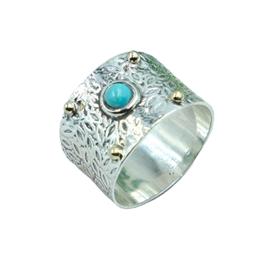 Anillo de Turquesa Arizona, Anillo de Plata de Ley 925 con Pequeñas Bolas de Latón, Diseño Martillado, Anillo de Declaración, Joyería de Turquesa - Product Image 1