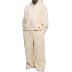 Ensemble de survêtement unisexe à capuche couleur unie, coupe décontractée ample en coton, deux pièces (sweat-shirt et pantalon) pour l'automne - Product Image 1