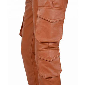 <b>Men's</b> <b>Brown</b> PU Leather <b>Cargo</b> Pants Straight Leg Elastic Waist Multiple Pockets Workwear Style Autumn Wear - Product Image 3