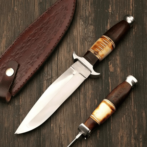 Cuchillo Bowie de caza forjado a mano, hoja de acero J2, mango de madera y hueso de camello con punta clip, cuchillo de caza para exteriores, regalo para un compañero. - Product Image 1