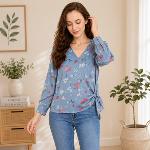 Robe en satin à imprimé floral bleu de qualité supérieure pour femmes, col en V, manches bouffantes, coupe ample décontractée, printemps-été - Product Image 3