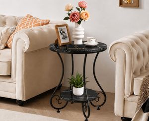 Table basse moderne et durable avec plateau en marbre et structure métallique, gain de place, étagère de rangement, diamètre 16, hauteur 20, pour salon - Product Image 2