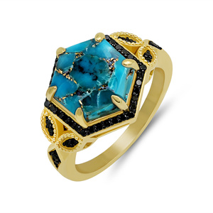 GOURIK Natural Turquoise <b>Black</b> Spinel Vintage Bohemian Style 925 Sterling Silver Gold Plated Women's Engagement Wedding <b>Ring</b> - Product Image 1