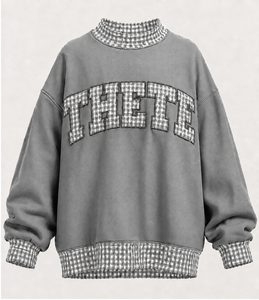 Sweat-shirt à col montant pour femme THETE, coupe ample, en tissu épais, patchwork à carreaux, style décontracté, pull universitaire - Product Image 5