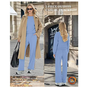 Conjunto de 2 Piezas para Mujer, Sudadera con Forro Polar, Top de Cuello Redondo, Pantalones Anchos, Chándal Informal y Cómodo - Product Image 3