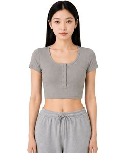 เสื้อครอปแขนสั้นทรงเข้ารูปสำหรับผู้หญิง สีเทา ผ้าริบเนื้อนุ่ม ผสมคอตตอนและสแปนเด็กซ์ ยืดหยุ่นได้ สไตล์ลำลอง เหมาะสำหรับฤดูร้อน มีกระดุม  แฟชั่นสำหรับสุภาพสตรี - Product Image 1