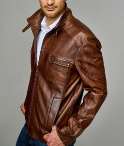 Men's <b>Brown</b> Genuine <b>Leather</b> <b>Jacket</b> Stand Collar Zipper Closure Casual Autumn Wear Regular Fit - Product Image 4