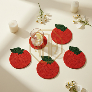 Handcrafted Eco-Friendly Modern Beaded Tomato Tea Coaster 100mm Diameter Orange Green Decorative Table Accessory for Fresh Touch - Product Image 1