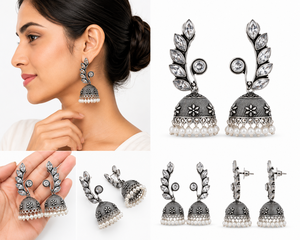 Pendientes Jhumka de Estilo Bohemio en Latón Plateado con Circonitas Corte Marquesa y Perlas de Imitación para Mujer, Ideales para Bodas - Product Image 6