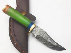 Drop Point Hunting Knife Damascus Steel Blade Green Handle With Brass Accents Outdoor Survival <b>Tool</b> - Product Image 5