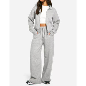 2026 Custom Women's <b>Oversized</b> Zip Up Tracksuit 100% Cotton Fleece Jacket Wide Leg <b>Sweatpants</b> OEM Manufacturer - Product Image 4