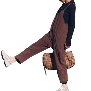 Custom Women's Chocolate Brown Sleeveless V-Neck <b>Jumpsuit</b> Side <b>Pockets</b> Loose Fit Full Length Summer Wear Tracksuit 100% Cotton - Product Image 2