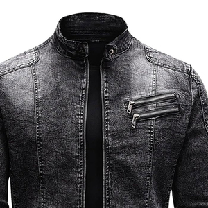 <b>Men's</b> Washed <b>Denim</b> <b>Jacket</b> Stand Collar Zipper Closure Slim Fit Moto Style Regular Sleeve Autumn Wear - Product Image 3