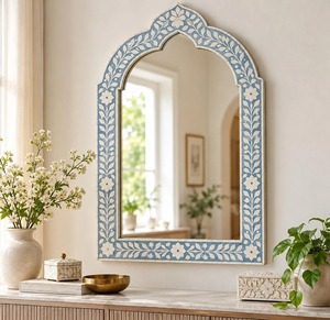 Handmade Blue Bone Inlay Arch <b>Mirror</b>, <b>Wall</b> Moroccan Boho Decor Decorative Framed <b>Wooden</b> <b>Mirror</b> - Product Image 1