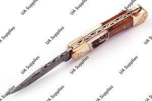 มีดพับด้ามไม้แกะสลักลายเขากวางทองเหลือง พร้อมใบมีดเหล็กดามัสกัสคมกริบ สำหรับตั้งแคมป์กลางแจ้ง บรรจุในซองหนัง รับผลิตแบบ ODM - Product Image 5