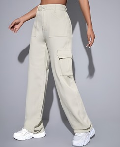 Pantalones de Mujer de Talle Grande, Cintura Alta, Pierna Ancha, Algodón Suave con Spandex, Corte Holgado Informal, Largos, Color Sólido, Cintura Elástica - Product Image 2