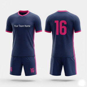 Conjunto de Uniforme de Fútbol Sublimado Personalizado, Color Azul Marino y Rosa, Cuello en V, Manga Corta, Absorbe la Humedad, Unisex para Adultos, Nombre del Equipo 16 - Product Image 1