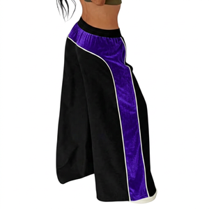 Pantalon large taille haute pour femme en velours noir et violet avec blocs de couleur et bande latérale, coupe décontractée, longueur intégrale, taille élastique - Product Image 1
