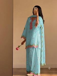 Light Blue Heart Print Cotton Indian Pakistani Floor-Length Loose Fit Kurta Palazzo <b>Shawl</b> Set Sun Protection Festive Wear - Product Image 1