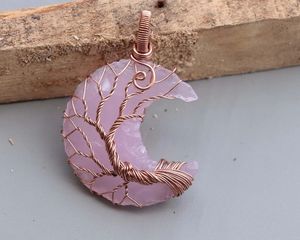 Colgante de alambre de luna creciente de cuarzo rosa Natural, collar de cristal curativo hecho a mano para mujer, espiritual de Aameena Agate - Product Image 4