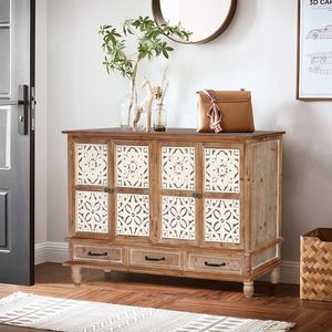 59.06 Elegante Credenza in Legno Naturale, Mobile Contenitore per Soggiorno con 4 Ante, 3 Cassetti e Ripiani Regolabili - Product Image 2