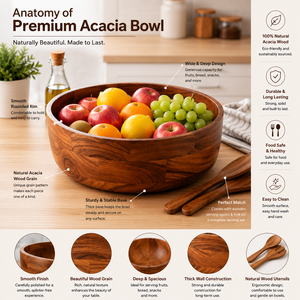<b>Large</b> Acacia Wood Salad <b>Bowl</b> | Solid Wood Handcrafted BPA Free Uncoated Dining <b>Serving</b> <b>Bowl</b> with Spoon & Fork - Product Image 4