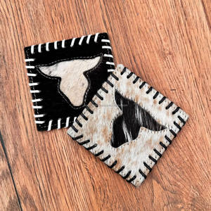 Venta superior hecho a mano Longhorn Cowhide Posavasos Set Western Hair On Hide Posavasos de cuero genuino para bebidas Western Home Decor Gifts - Product Image 3