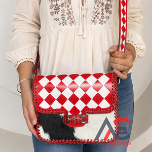 Bolso de hombro bohemio de cuero a cuadros con diseño moderno y sencillo para mujer, bolso de mano de cuero genuino con pelo de vaca para damas. - Product Image 1
