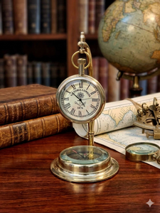Shiny Polished Brass Mechanical <b>Desk</b> <b>Clock</b> Compass Vintage Antique Nautical Design Hourly Chiming Silent Operation for Home - Product Image 1