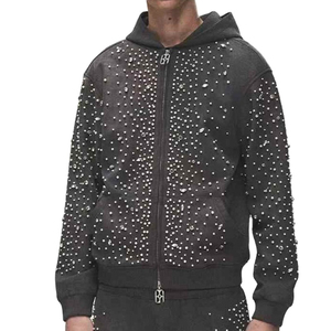 Vintage Men's 100% Cotton Rhinestone Zip-Up Hoodie Solid Pattern Customizable Colors Autumn High Quality 2026 - Product Image 2