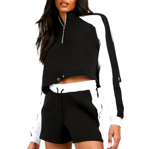 ชุดเซ็ต 2 ชิ้นสำหรับผู้หญิง ผ้าฝ้าย 100% สไตล์ลำลอง เสื้อครอปฮู้ดดี้และกางเกงขาสั้นเหนือเข่า เหมาะสำหรับออกกำลังกายในฤดูหนาวหรือใส่พักผ่อน - Product Image 4