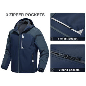 Chaqueta Softshell con Capucha para Hombre, Forrada de Felpa, Cortavientos, Cierre de Cremallera Frontal, Decoración de Cristal, Estilo Casual para Otoño, Color Azul - Product Image 1
