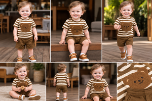 Ensemble de vêtements d'été pour bébés garçons, 2 pièces, t-shirt rayé avec motif d'ours et short, tenue de haute qualité personnalisable - Product Image 4