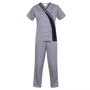 Unisex Gray <b>Scrub</b> <b>Set</b> with Black Panel V-Neck Top and Pants Hospital Uniforms Denim Knitted Fabric - Product Image 1
