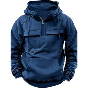 Sudadera con Capucha y Cierre de Cremallera para Hombre, Color Azul Marino Sólido, Algodón French Terry, Estilo Casual con Bolsillos, Corte Regular, para Otoño - Product Image 1