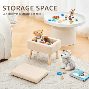 Pouf Contemporaneo Rettangolare con Rivestimento in Pile Teddy e Gambe in Legno Massello, Poggiapiedi Beige per Ingresso di Casa - Product Image 5