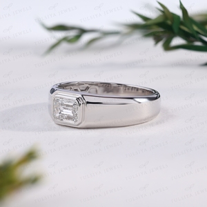 Emerald Cut <b>Mens</b> <b>Ring</b> East West Bezel Setting White Gold Wide Band Signet <b>Ring</b> Horizontal Cut Unisex Fine Jewelry - Product Image 2