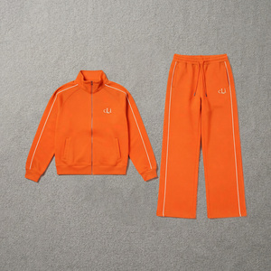 Front Zip OEM Hooded Sweatshirt <b>Thin</b> Stripes Regular Fit Jacket <b>Hoodies</b> Wide Leg Straight Trousers Lightweight 100% Cotton - Product Image 3