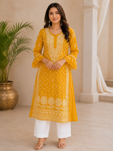 Premium Mustard Georgette Chikankari Embroidered Women's <b>Kurti</b> with Bell Sleeves - Traditional Casual Wear And Festive Wear - Product Image 1