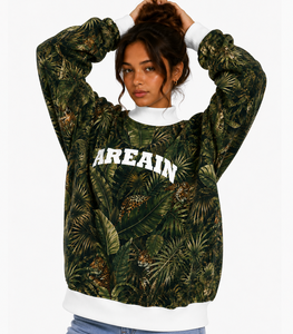 Sweat-shirt surdimensionné pour femme à imprimé tropical avec motif léopard et inscription « AREAIN », design épaules tombantes, style été - Product Image 2