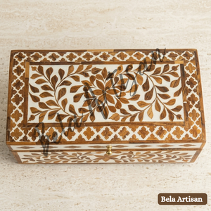 Caja de Almacenamiento Rectangular de Madera de Lujo con Incrustaciones de Hueso Hechas a Mano, Diseño Floral que Ahorra Espacio, para Decoración del Hogar, Regalo - Product Image 1